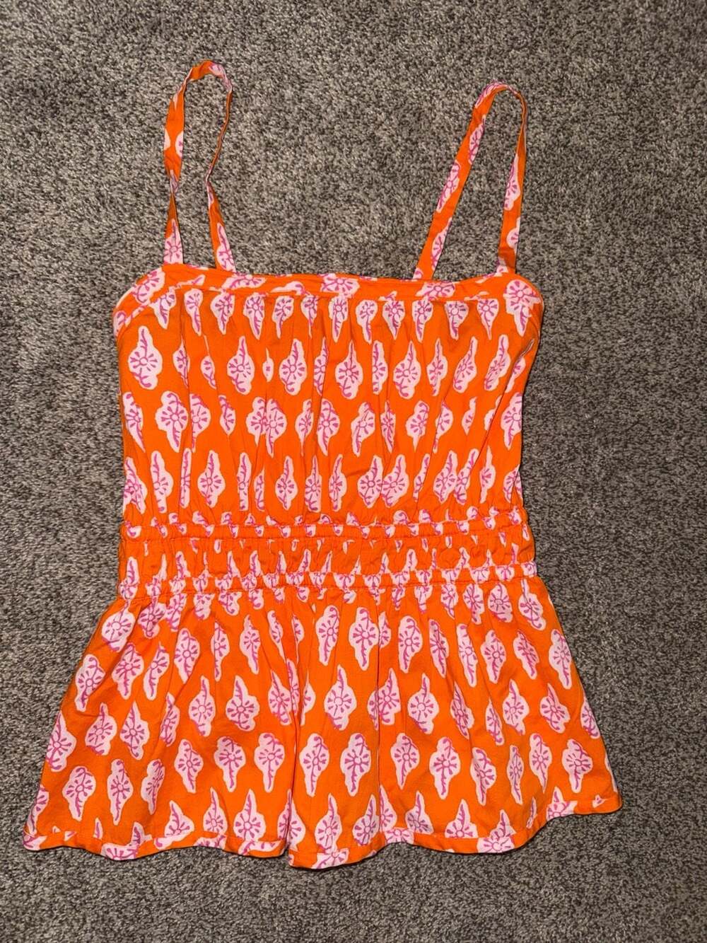 J.Crew Strappy Shirred Smocked Waist Peplum Top in Orange Block Print
